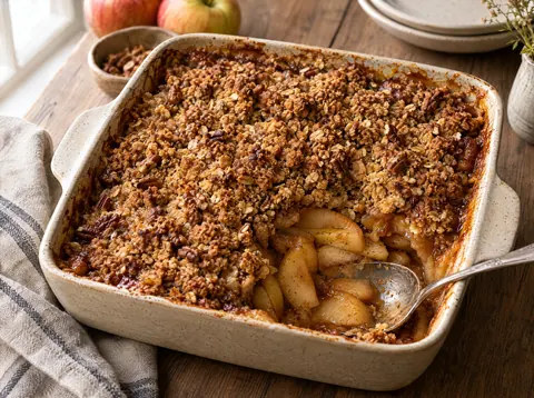 Apple crisp in a baking dish with golden oat crumble and bubbling cinnamon apple juices