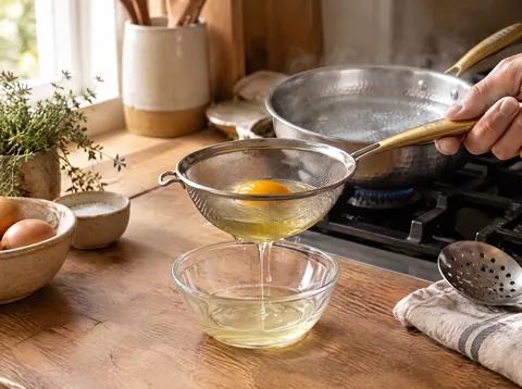 Egg draining in a fine sieve beside a Kaizen pan prepared for poaching