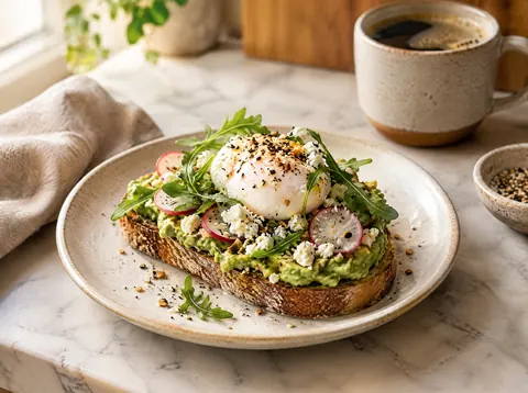 Avocado toast topped with a poached egg, feta, sliced radish, arugula and everything seasoning