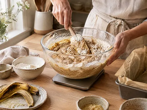 Flour being folded into thick lumpy banana bread batter with a rubber spatula