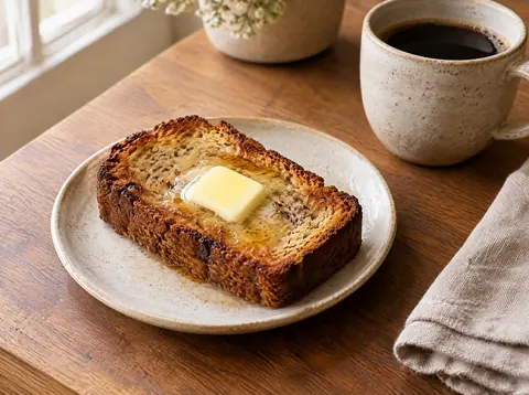 Toasted slice of banana bread with melting butter on a plate beside a cup of coffee