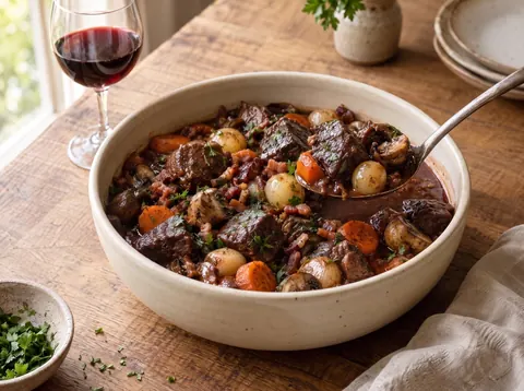 Beef bourguignon with mushrooms and pearl onions in a cream ceramic serving bowl