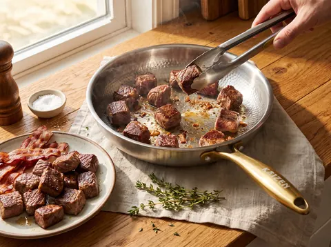 Beef cubes browning in batches in a Kaizen titanium pan