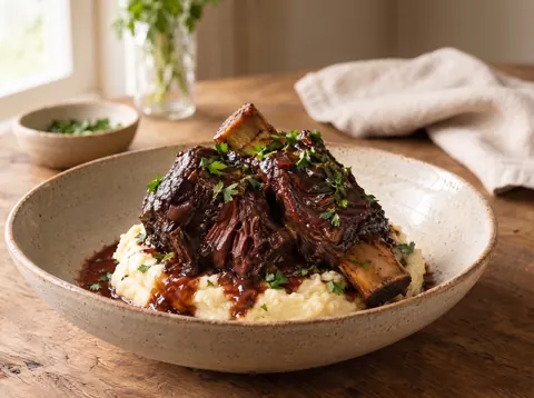 Braised short ribs plated with mashed potatoes and red wine sauce