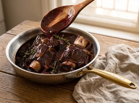 Red wine braising sauce reducing in a Kaizen titanium pan