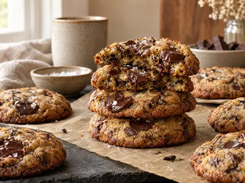 Brown butter chocolate chip cookies with crinkled golden tops, melted dark chocolate pools and flaky salt