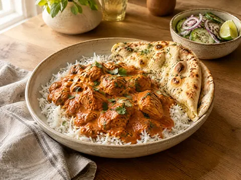 Plate of butter chicken over basmati rice with warm naan and a cucumber onion salad