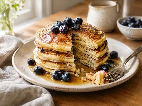 Fork cutting into a pancake stack showing a fluffy, tender interior with blueberries and syrup