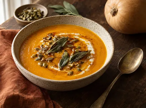 Roasted butternut squash soup in a bowl topped with brown butter, crispy sage leaves and toasted pepitas