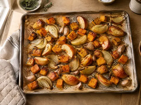 Sheet pan of roasted butternut squash cubes, onion wedges, apple and garlic cloves with browned edges