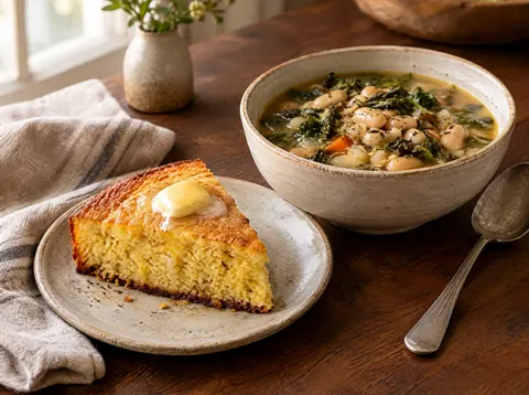 Wedge of skillet cornbread with honey butter next to a bowl of white bean soup