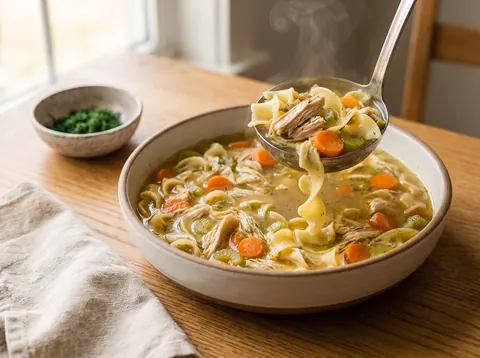 Ladle lifting egg noodles from chicken soup in a ceramic serving bowl