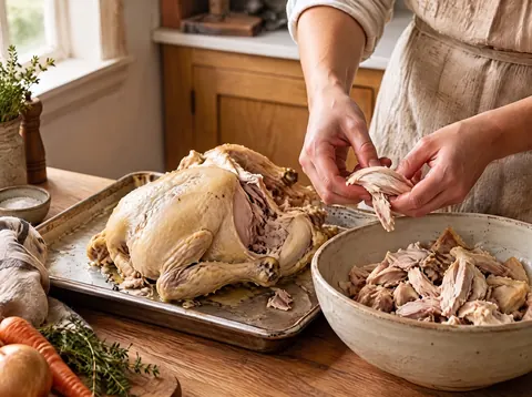 Cooked chicken being pulled into pieces on a board beside a ceramic bowl