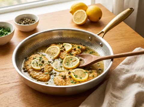 Golden chicken piccata in lemon caper sauce in a Kaizen titanium pan