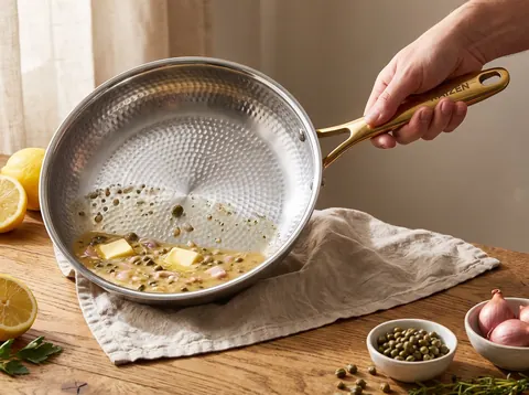 Lemon caper sauce being finished in a Kaizen titanium pan
