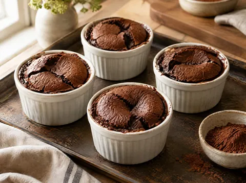 Four baked lava cakes in white ramekins with puffed cracked tops on a sheet pan