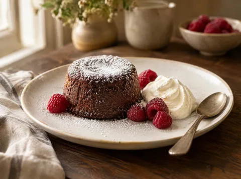 Unmolded lava cake dusted with powdered sugar next to raspberries and whipped cream