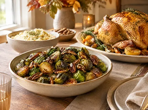 Balsamic Brussels sprouts served beside roast chicken and a green salad