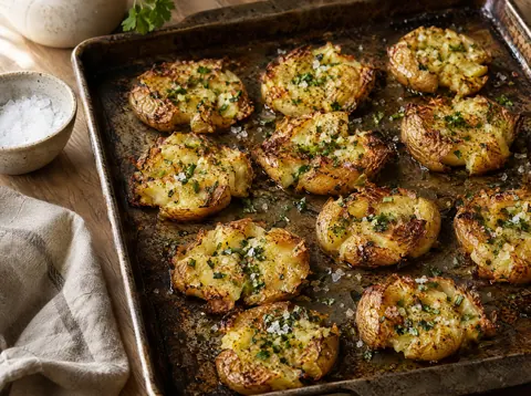 Crispy smashed potatoes with golden cracked edges, garlic herb butter and flaky salt on a sheet pan