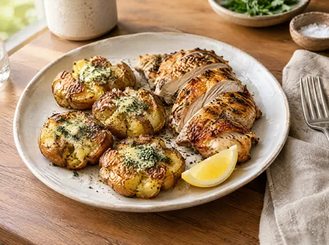 Smashed potatoes served on a plate beside sliced roast chicken with herbs