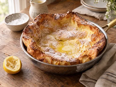 Puffed Dutch baby pancake with lemon and sugar in a Kaizen pan