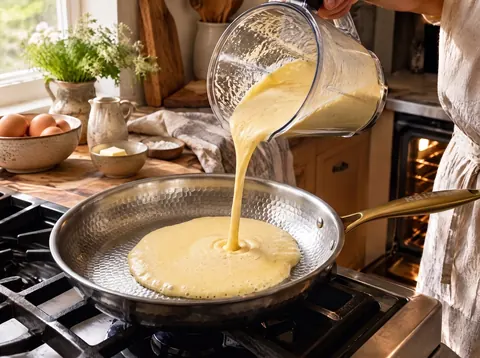 Dutch baby batter being poured into a buttered Kaizen pan