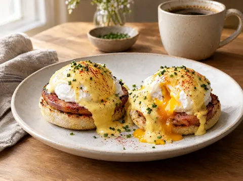 Two eggs Benedict on English muffins with Canadian bacon, glossy hollandaise, chives and paprika