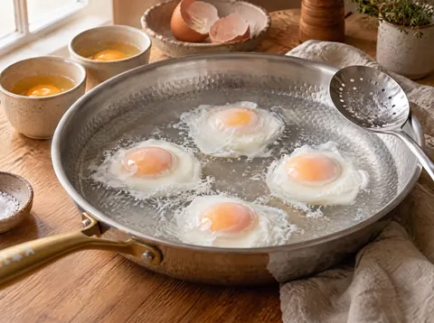 Eggs poaching gently in water in a Kaizen pan
