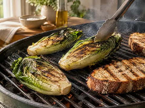 Romaine hearts grilling cut side down on hot grill grates next to sourdough slices