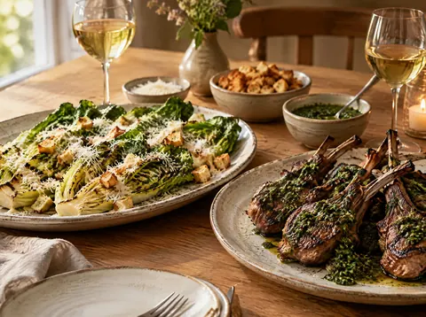 Grilled Caesar salad served beside lamb chops with chimichurri on a summer table