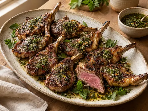 Grilled lamb chops with charred crusts topped with green mint chimichurri on a platter