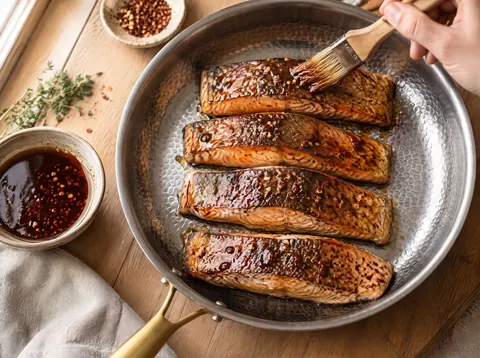 Honey soy glaze brushed over salmon fillets in a Kaizen titanium pan