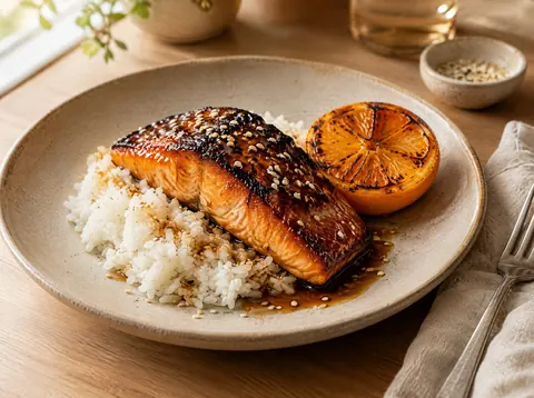 Plated honey glazed salmon over jasmine rice with a charred orange half for squeezing