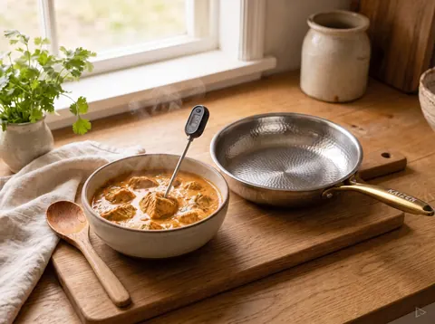 Food thermometer checking a bowl of soup after reheating