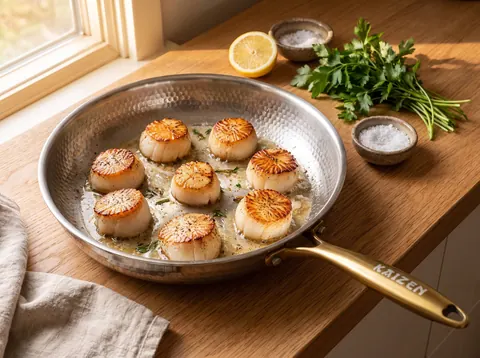 Scallops searing with space between them in a Kaizen titanium pan