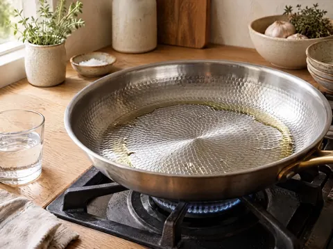 Cooking oil spread across the patterned surface of a Kaizen pan