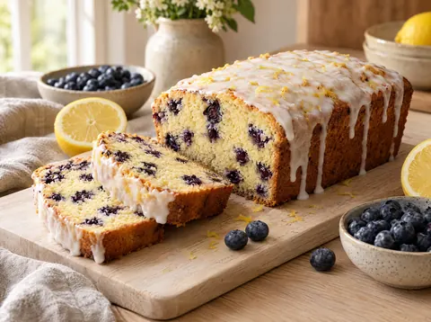 Sliced lemon blueberry pound cake with white lemon glaze and blueberries throughout the crumb