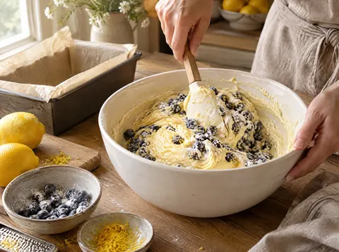 Flour dusted blueberries being folded into thick pound cake batter with a spatula