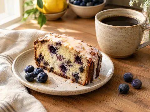 Single slice of glazed pound cake on a plate with fresh blueberries and coffee