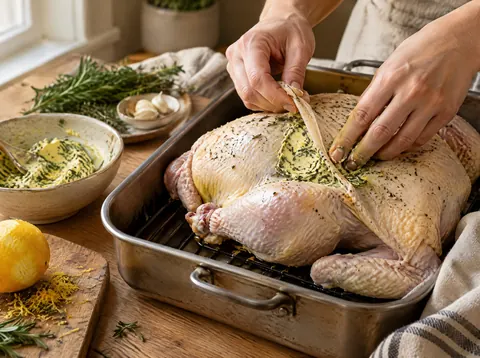 Spreading garlic thyme butter under the breast skin of a raw whole chicken