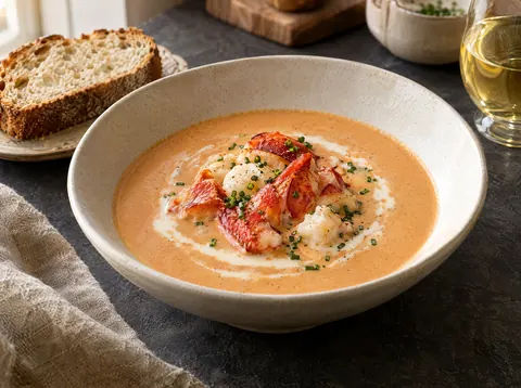 Bowl of smooth coral lobster bisque topped with chunks of lobster meat and chives