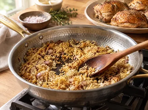 Orzo being toasted in a Kaizen titanium pan before liquid is added