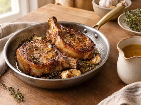 Golden pork chops in a Kaizen pan with garlic and herbs