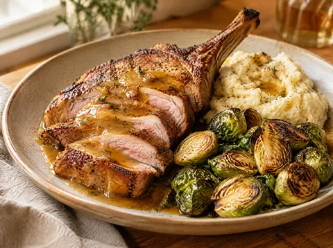Sliced bone in pork chop with a juicy, faintly pink center and cider pan sauce