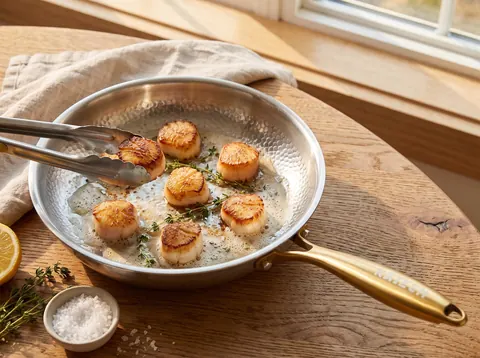 Scallops searing with space between them in a Kaizen titanium pan