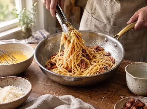 Pasta being tossed with carbonara sauce in a Kaizen titanium pan off the heat