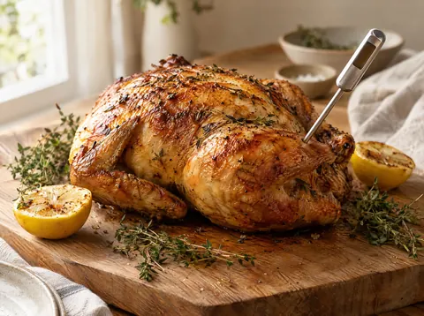 Instant-read thermometer in the thigh of a golden roast chicken on a wooden carving board