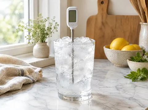 Thermometer probe standing in a glass of crushed ice and cold water for a calibration check
