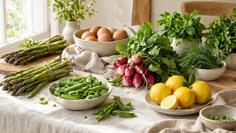 Spring still life with asparagus, peas, radishes, lemons, eggs and fresh herbs