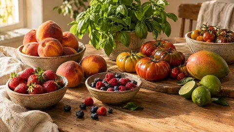 Summer still life with ripe peaches, berries, heirloom tomatoes, mango, limes and basil